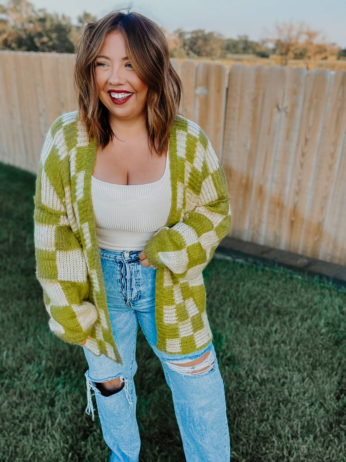 Tallulah Checkered Sweater Cardigan in Kiwi Lime
