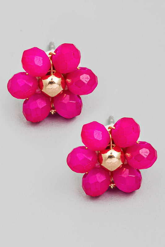 Cleo Glass Beaded Flower Studs in Hot Pink